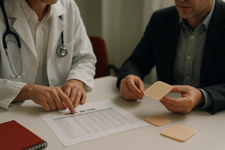 Cinematic clinical procurement meeting reviewing a silicone foam dressing total cost of ownership model