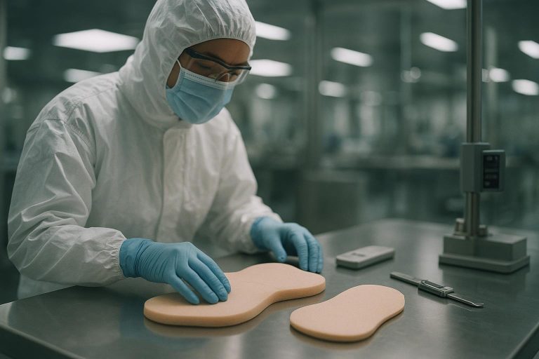Cinematic cleanroom quality inspection of sacral and heel silicone foam dressings for OEM supply evaluation