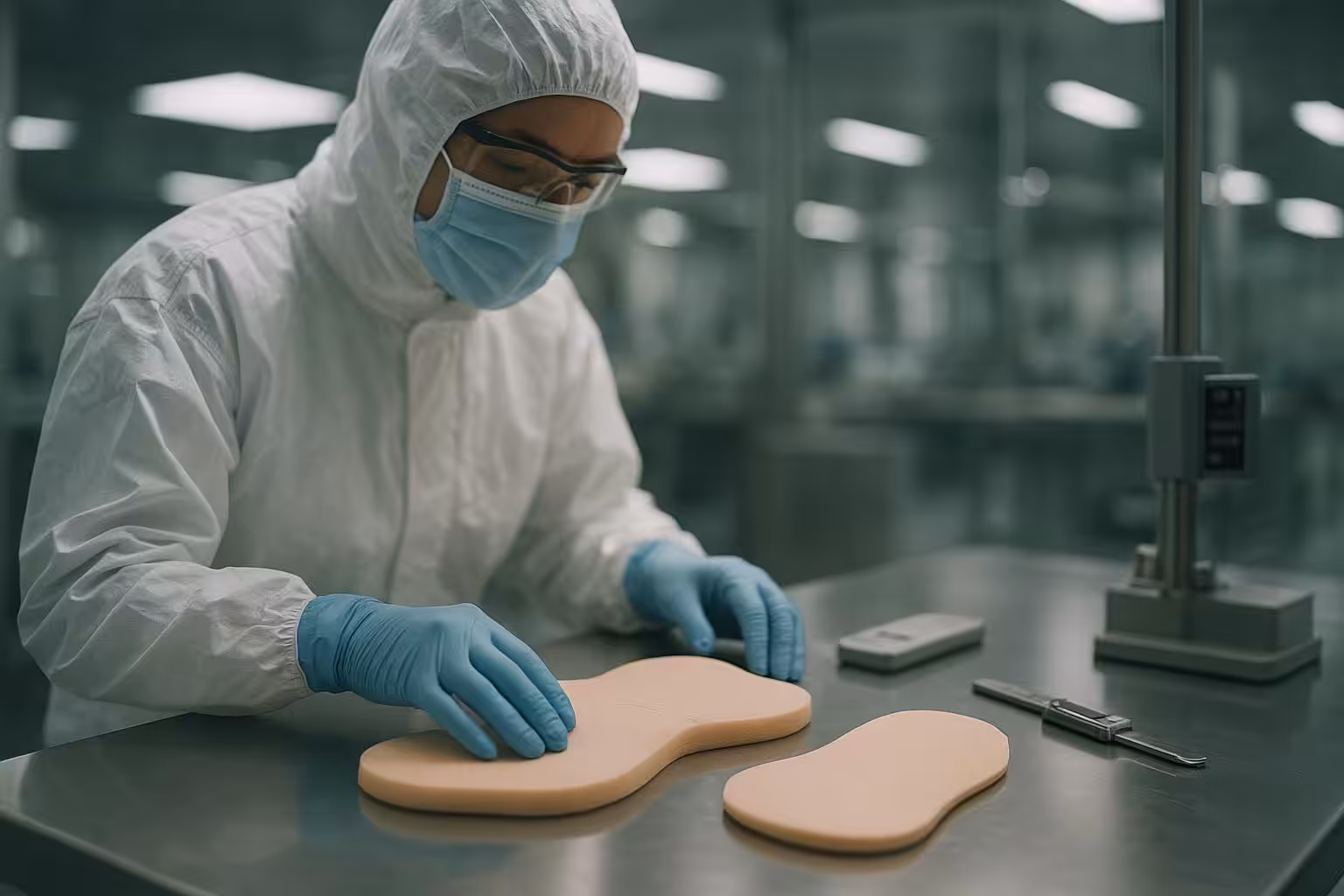 Cinematic cleanroom quality inspection of sacral and heel silicone foam dressings for OEM supply evaluation