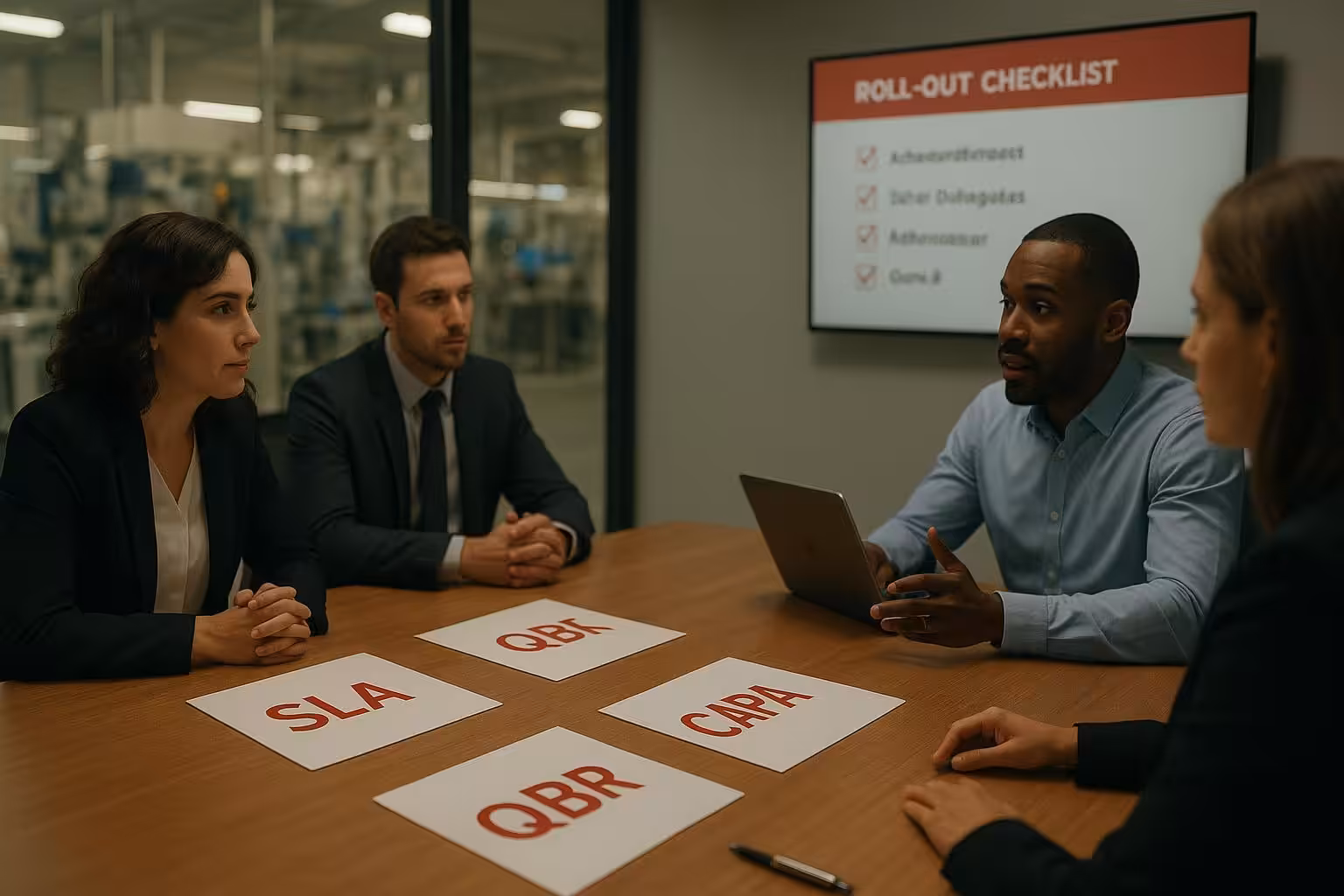 Cinematic photo of a medical device supplier onboarding meeting reviewing a medical device post-award support checklist
