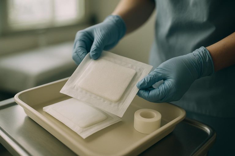 Clinician preparing a sterile foam dressing setup for pressure injury care.