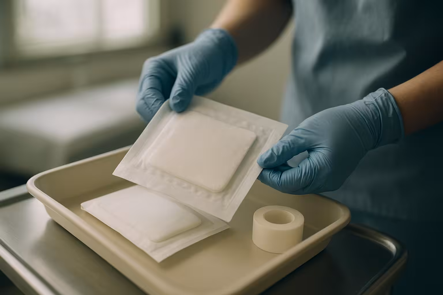 Clinician preparing a sterile foam dressing setup for pressure injury care.