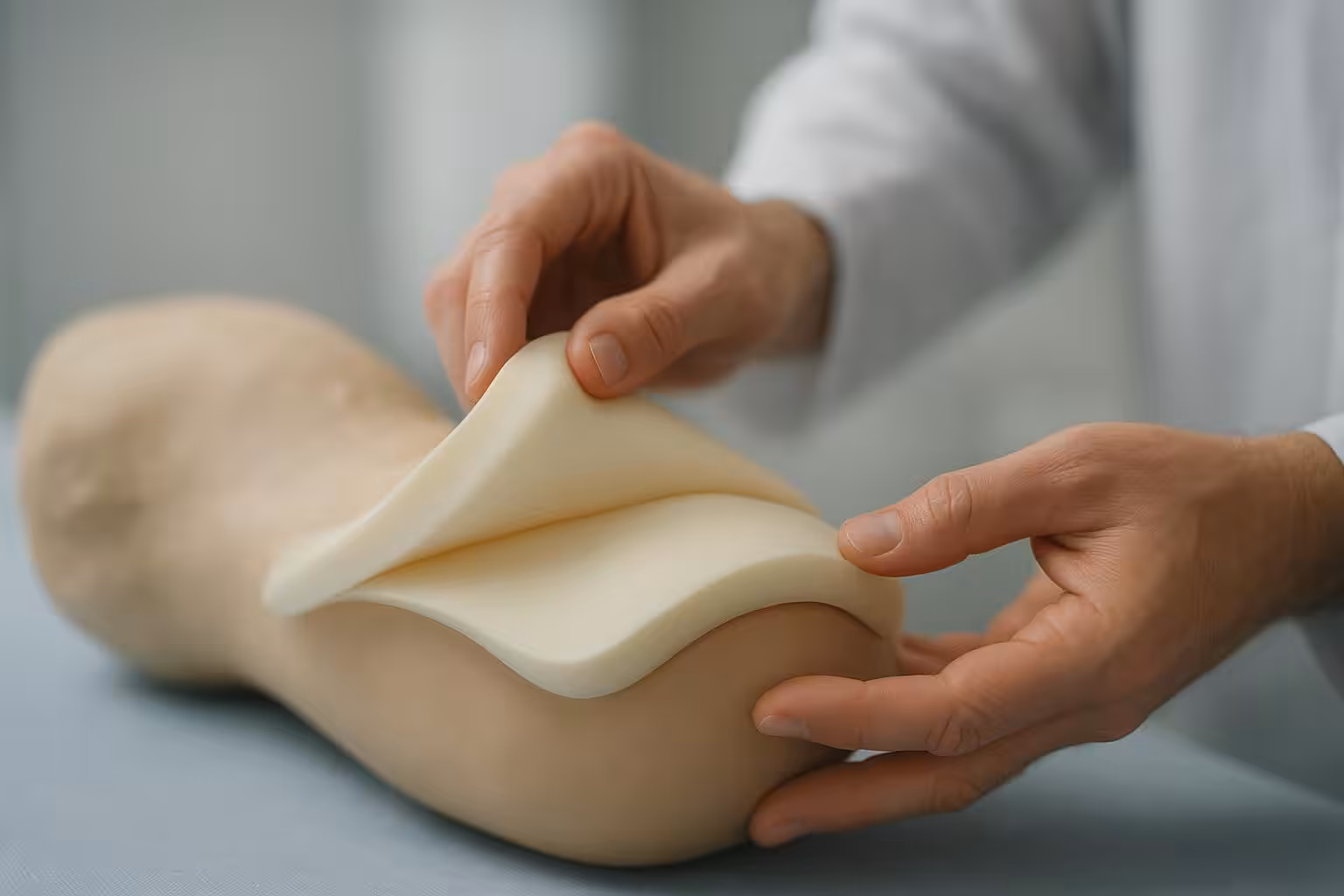 Cinematic photo showing a multilayer silicone foam dressing conformed over sacrum and heel contours on a training model.