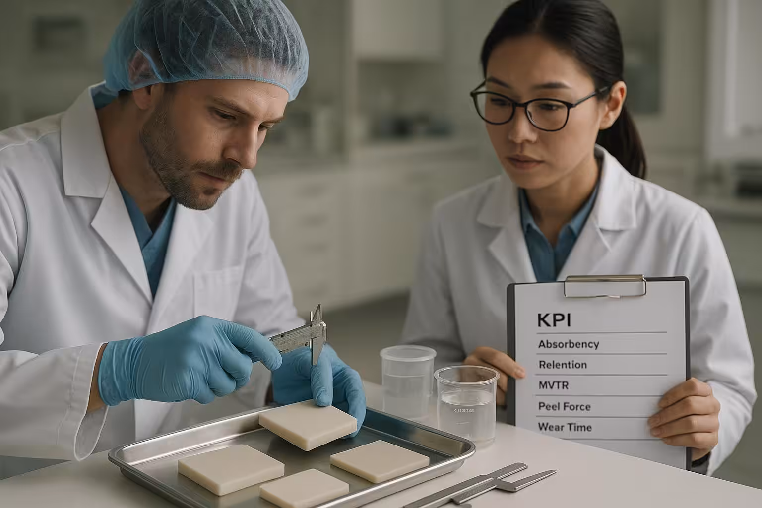 Cinematic lab photo of evaluating silicone foam dressing samples against Stage 3 KPIs like absorbency, retention, MVTR, peel force, and wear time.