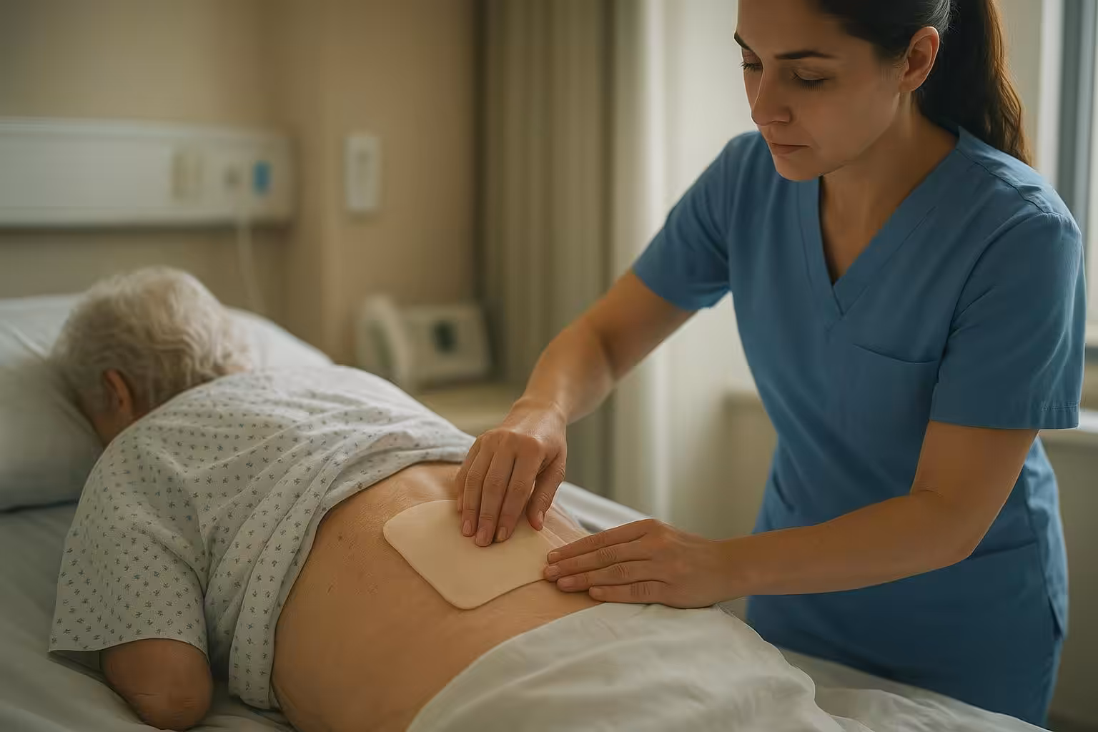 Nurse applying a sacrum silicone foam dressing in a hospital setting