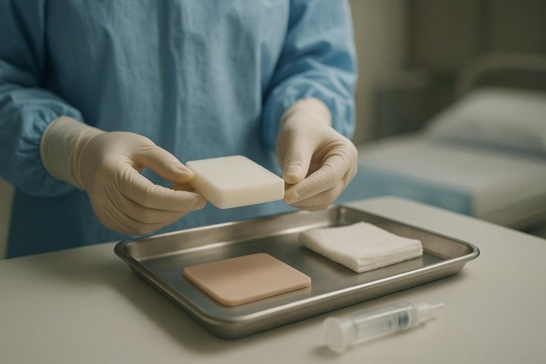 Clinician preparing a foam dressing on a sterile tray for bedside wound care