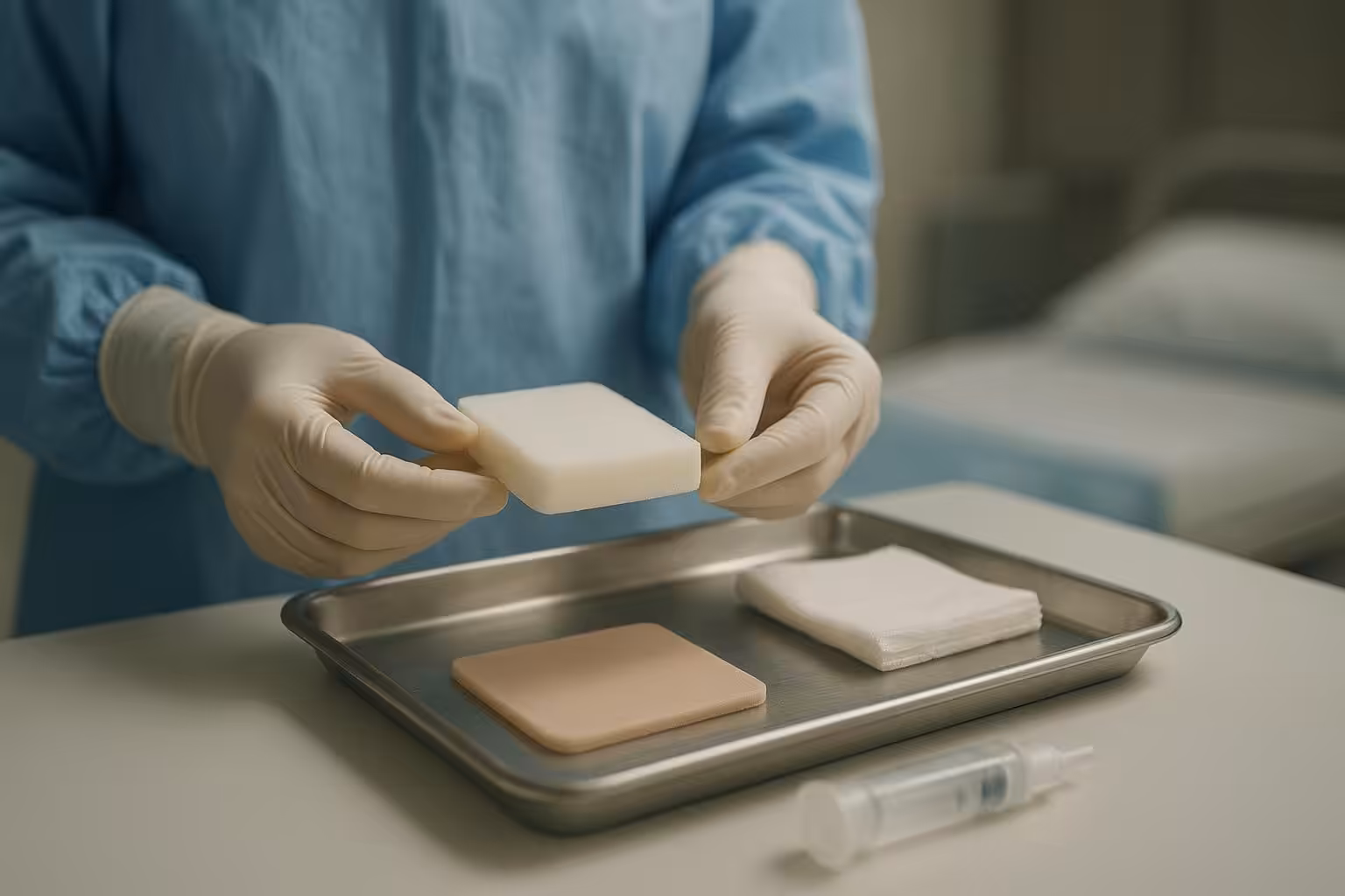Clinician preparing a foam dressing on a sterile tray for bedside wound care