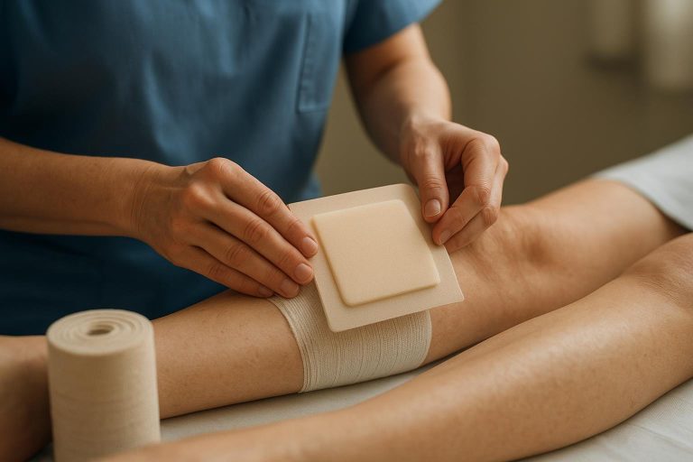 Nurse applying a 4x4 silicone foam dressing under compression wrap, illustrating silicone foam dressing wear time decision-making.
