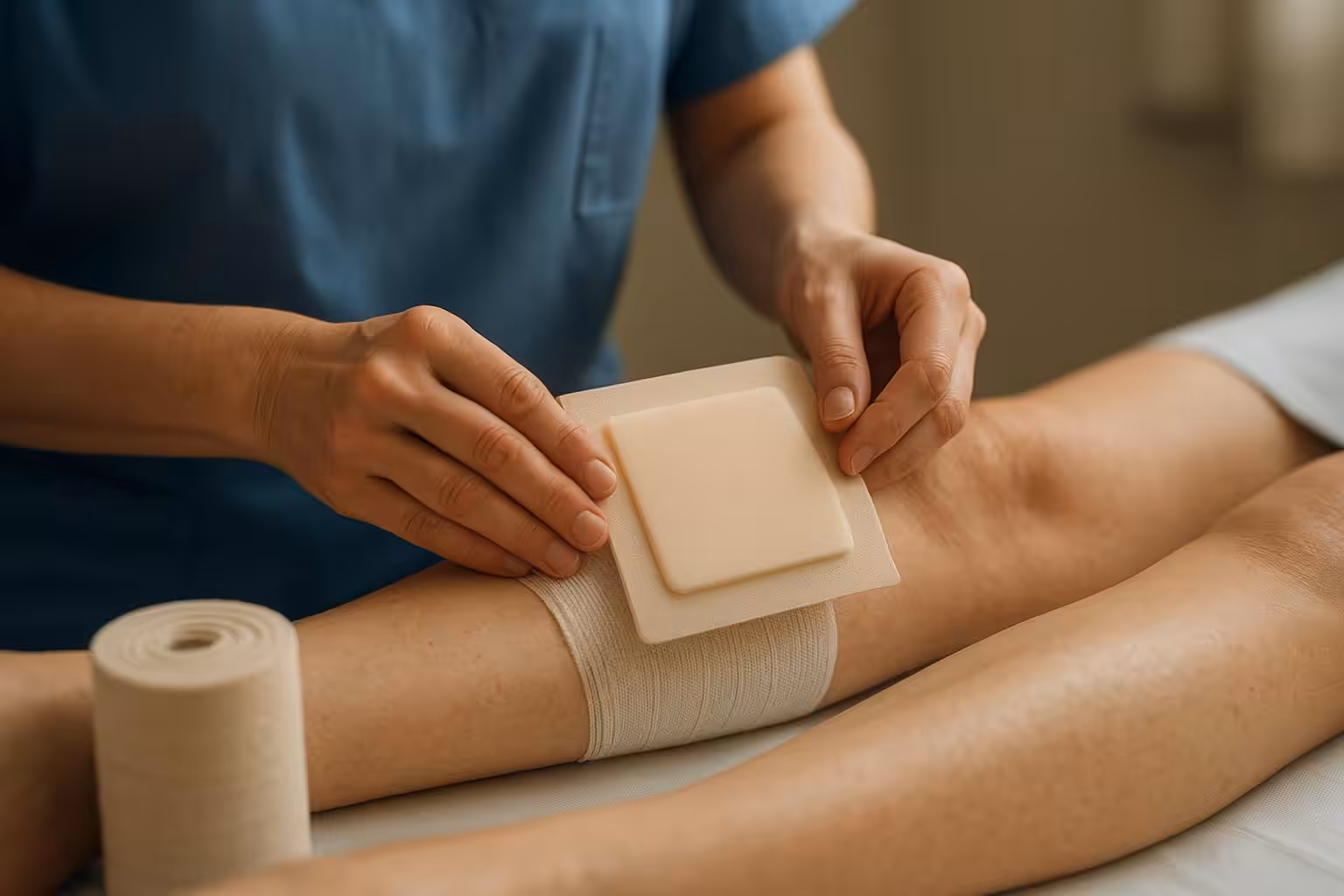 Nurse applying a 4x4 silicone foam dressing under compression wrap, illustrating silicone foam dressing wear time decision-making.