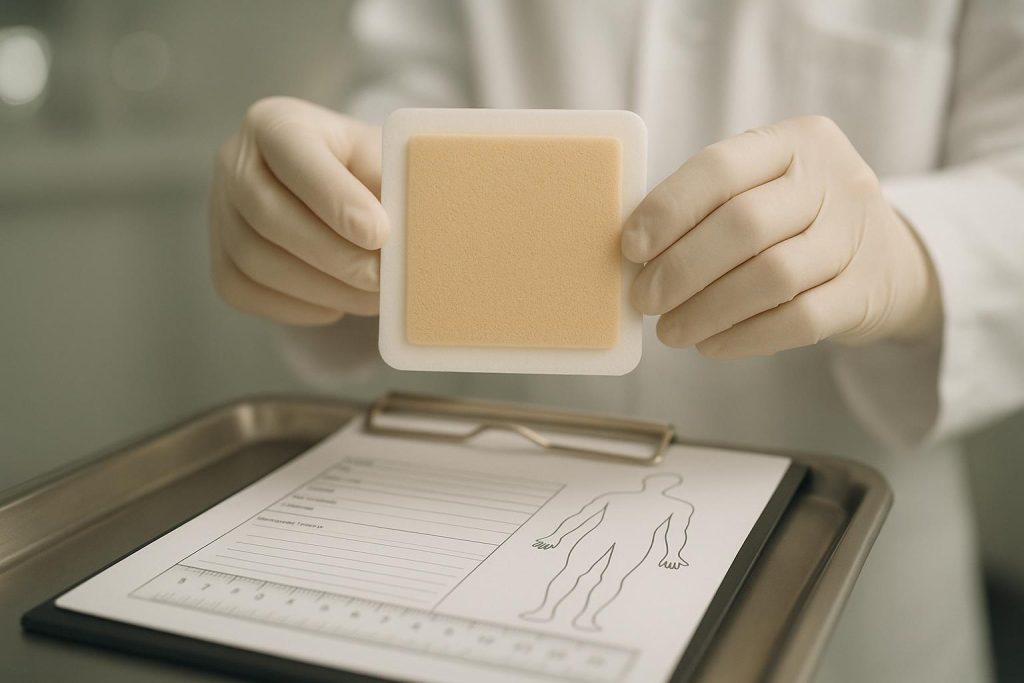 Cinematic clinical photo of gloved hands holding a 4×4 inch bordered silicone foam dressing next to a wound assessment clipboard.
