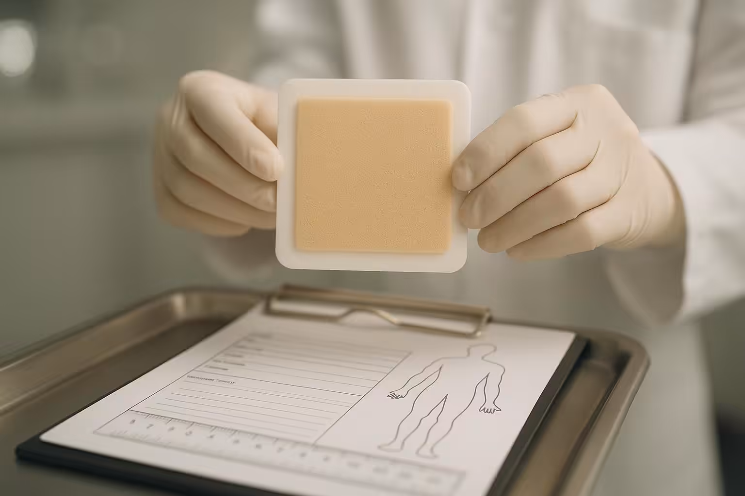 Cinematic clinical photo of gloved hands holding a 4×4 inch bordered silicone foam dressing next to a wound assessment clipboard.
