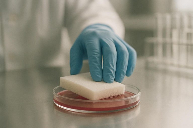 Lab-style photo showing a 4x4 foam dressing being tested for absorbency and retention under pressure.