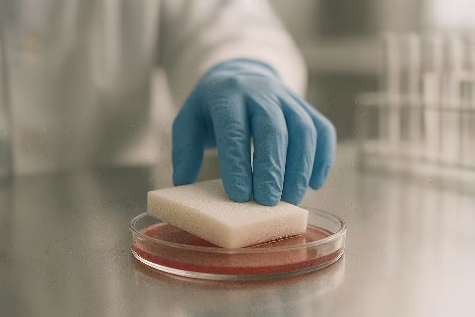 Lab-style photo showing a 4x4 foam dressing being tested for absorbency and retention under pressure.