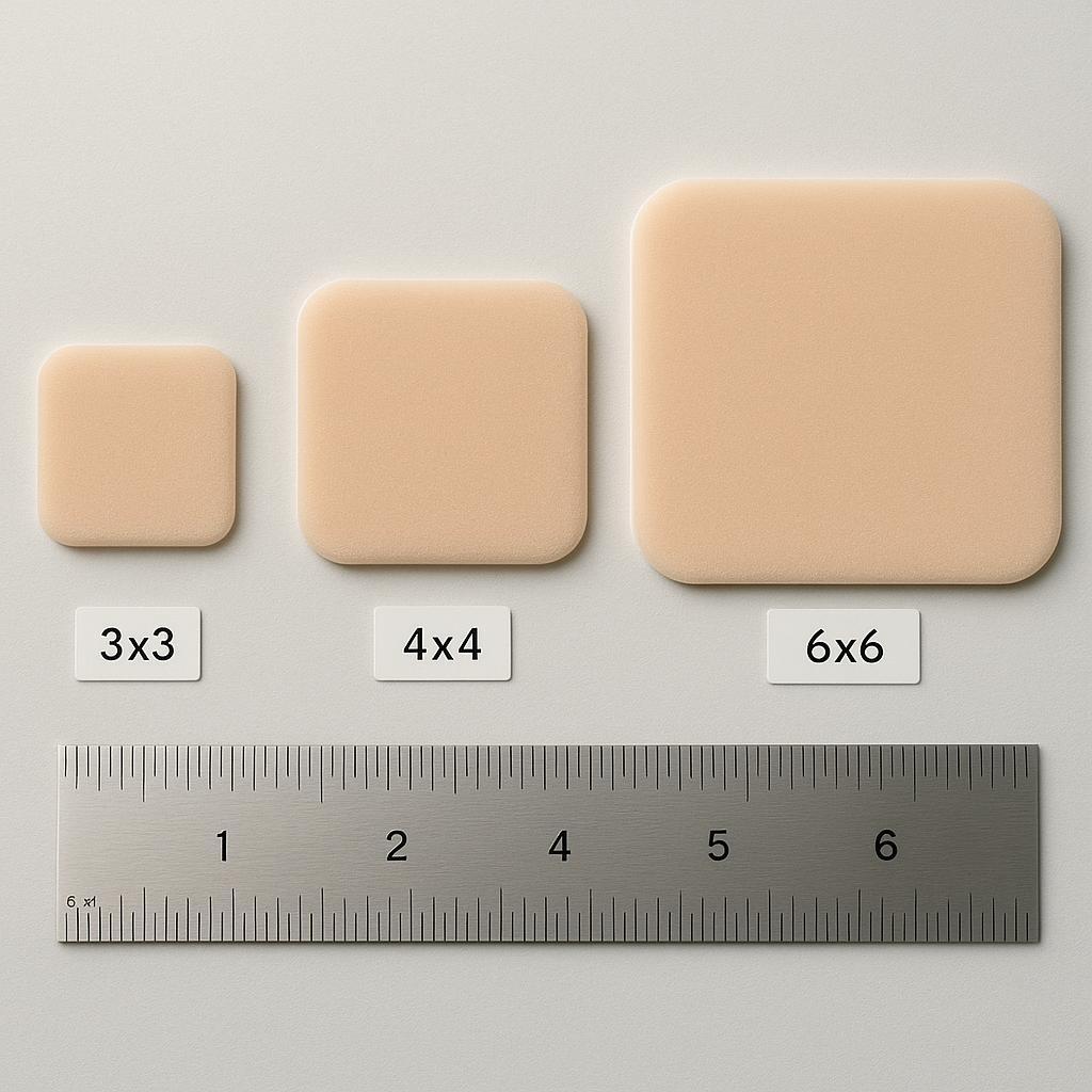Flat lay comparison of 3x3, 4x4, and 6x6 silicone foam dressings
