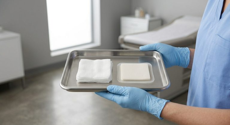 Nurse preparing foam and gauze dressings side-by-side with a clock icon suggesting time savings.