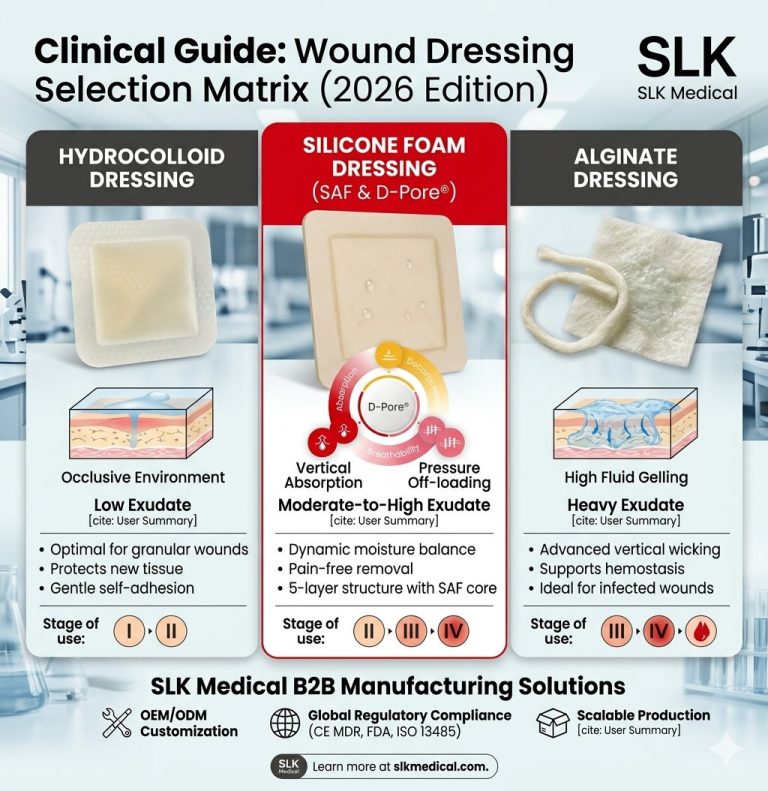 Cover image comparing hydrocolloid, silicone foam, and alginate dressings