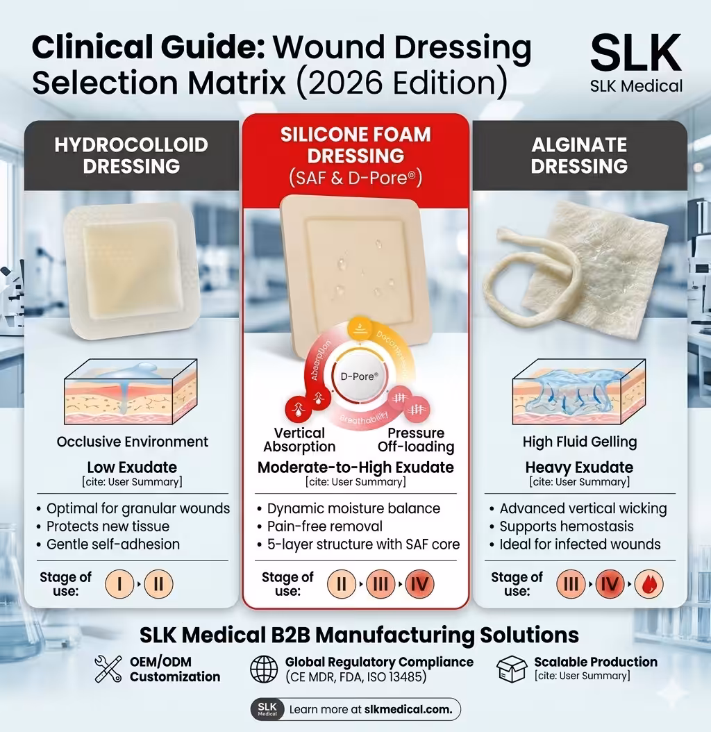 Cover image comparing hydrocolloid, silicone foam, and alginate dressings