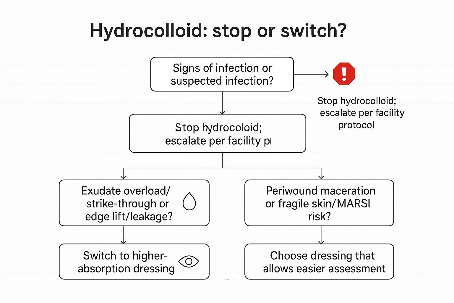 Algorithm infographic showing hydrocolloid stop triggers and next steps