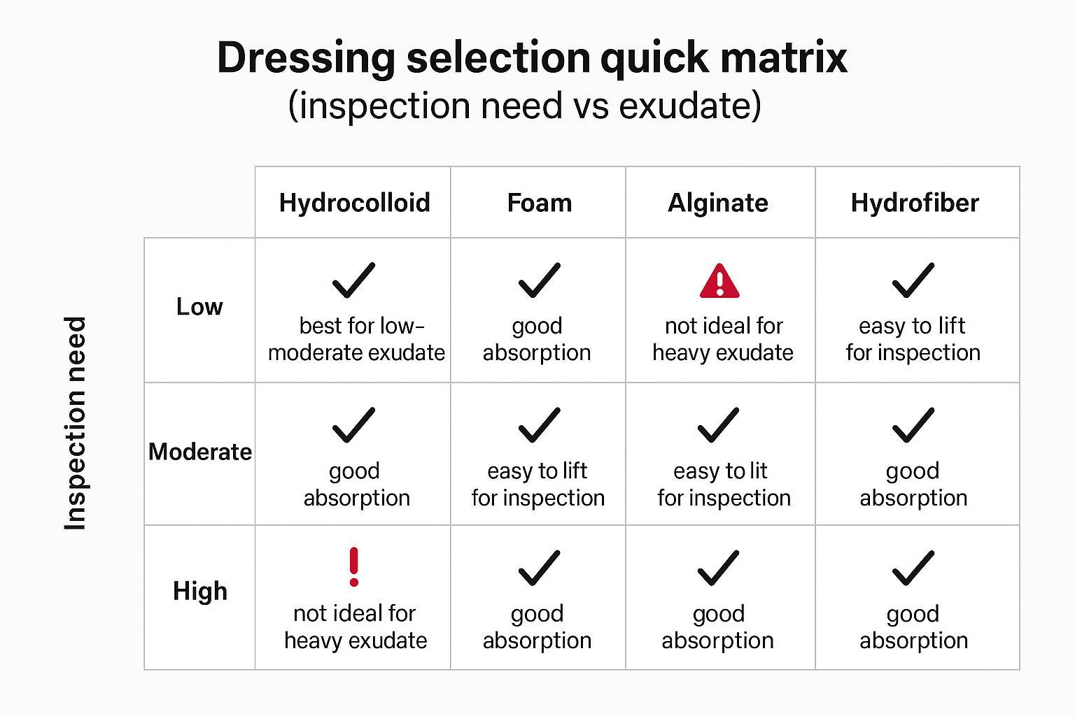 Comparison matrix comparing hydrocolloid vs foam/alginate/hydrofiber by exudate and inspection need