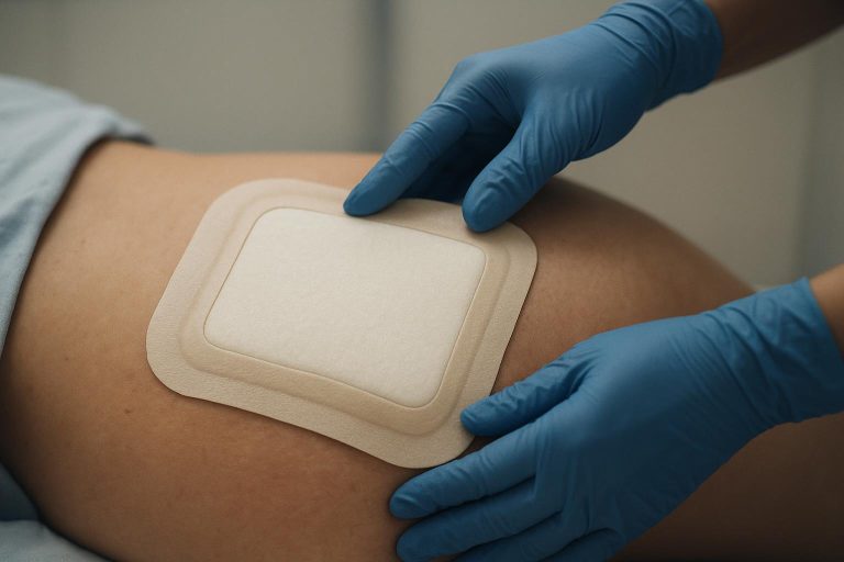 Bordered silicone adhesive foam dressing conforming to the sacrum.