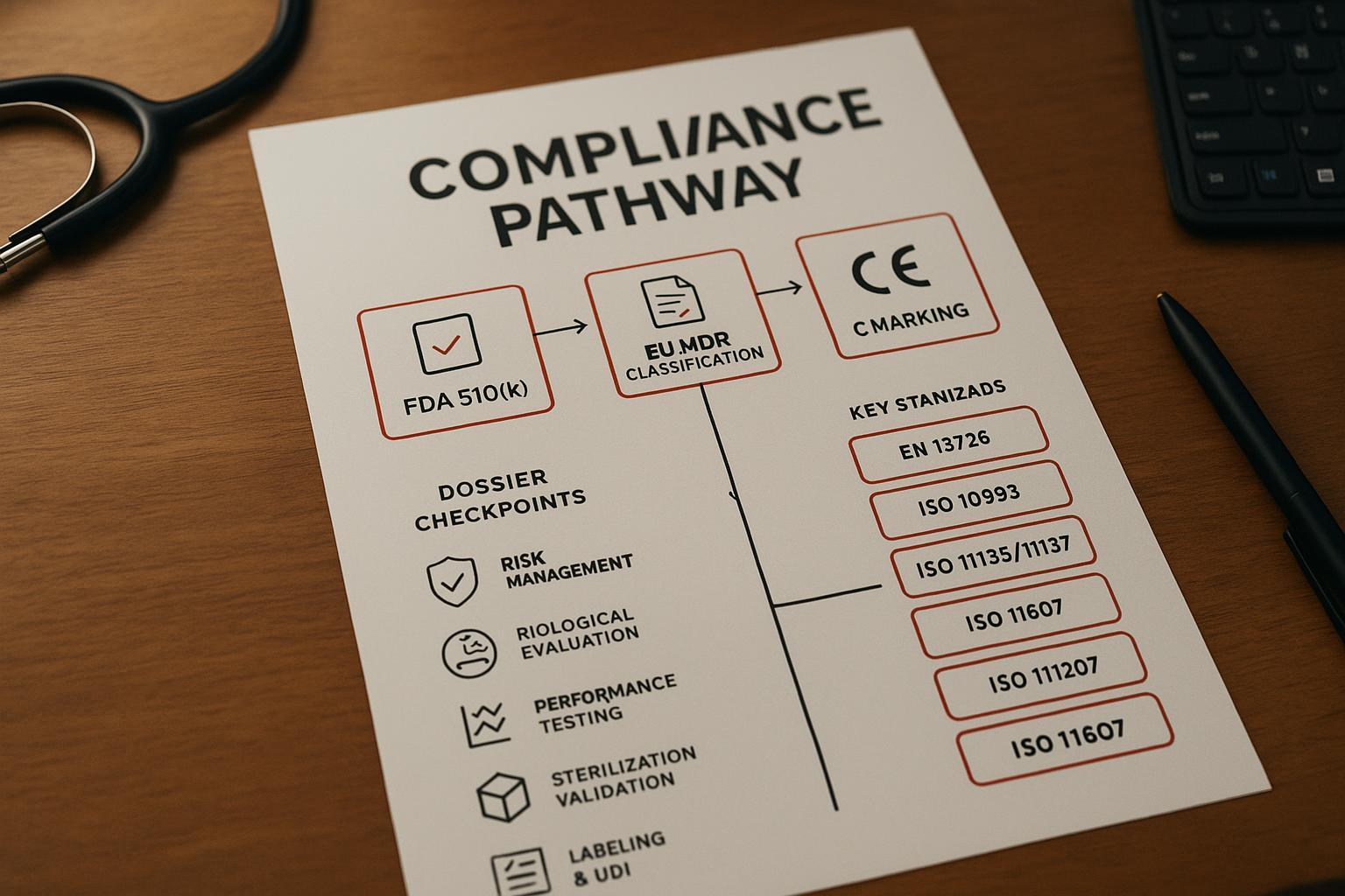 Infographic: compliance pathway for bordered silicone foam dressings (FDA 510(k), MDR/CE, key standards and dossier checkpoints)