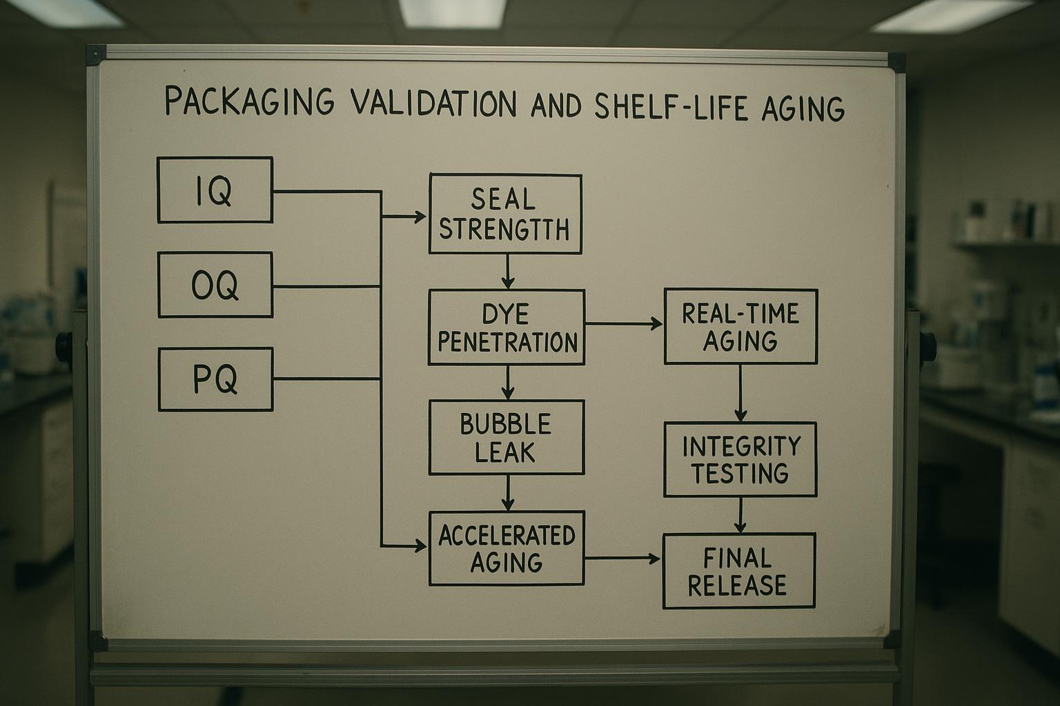 A flowchart photo showing packaging validation and shelf-life steps from IQ/OQ/PQ through aging and integrity testing.