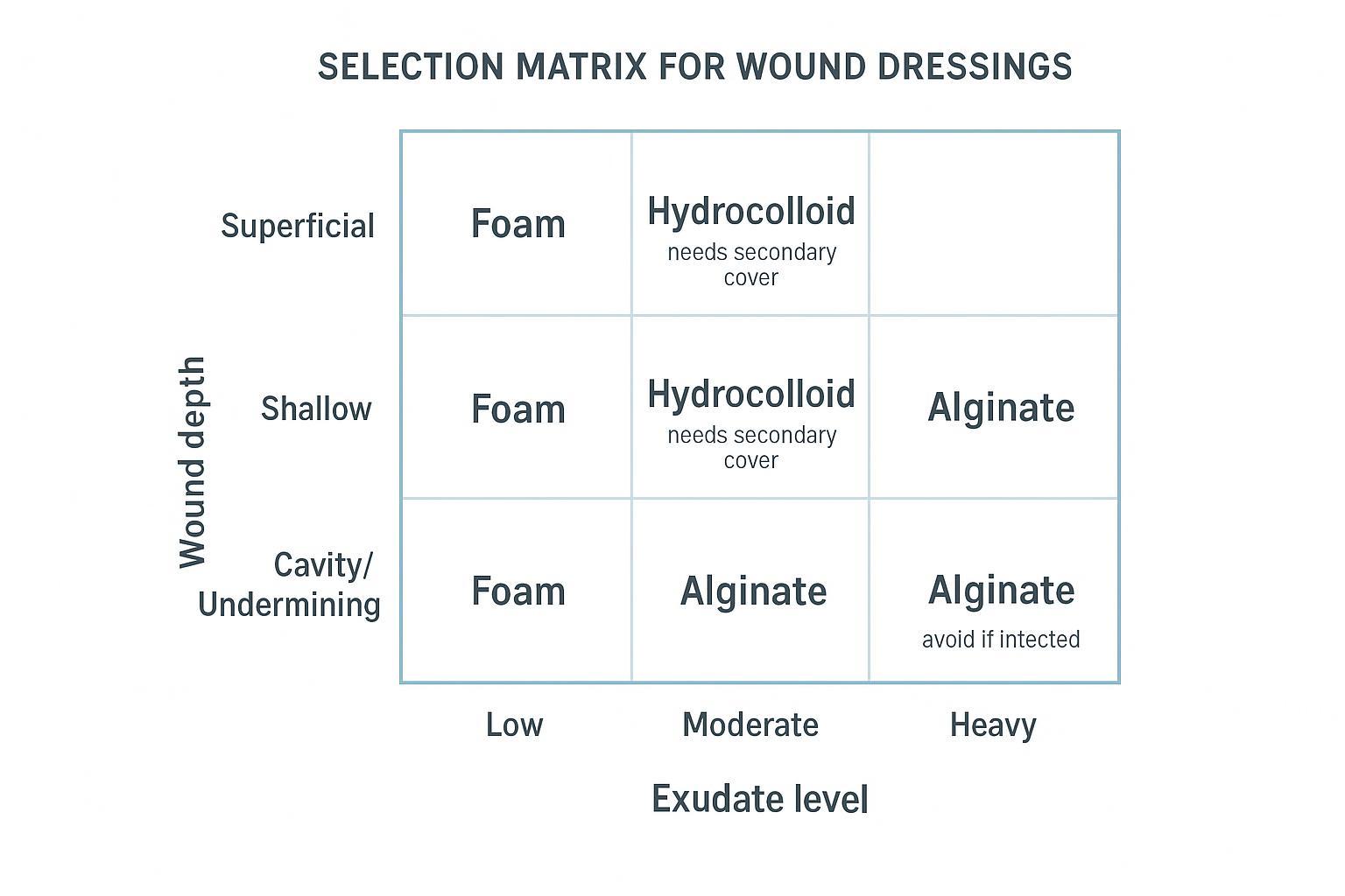 Infographic selection matrix mapping exudate and wound depth to foam, hydrocolloid, and alginate dressing choices