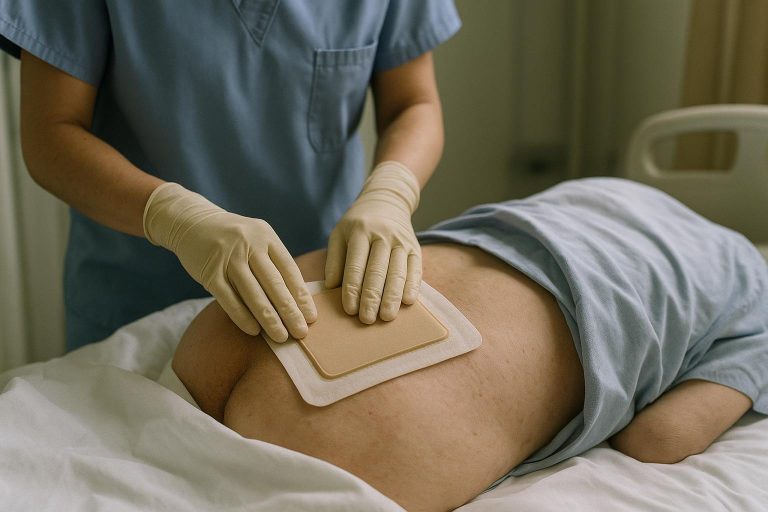 Nurse applying a bordered silicone foam dressing to a patient’s sacrum in a hospital setting