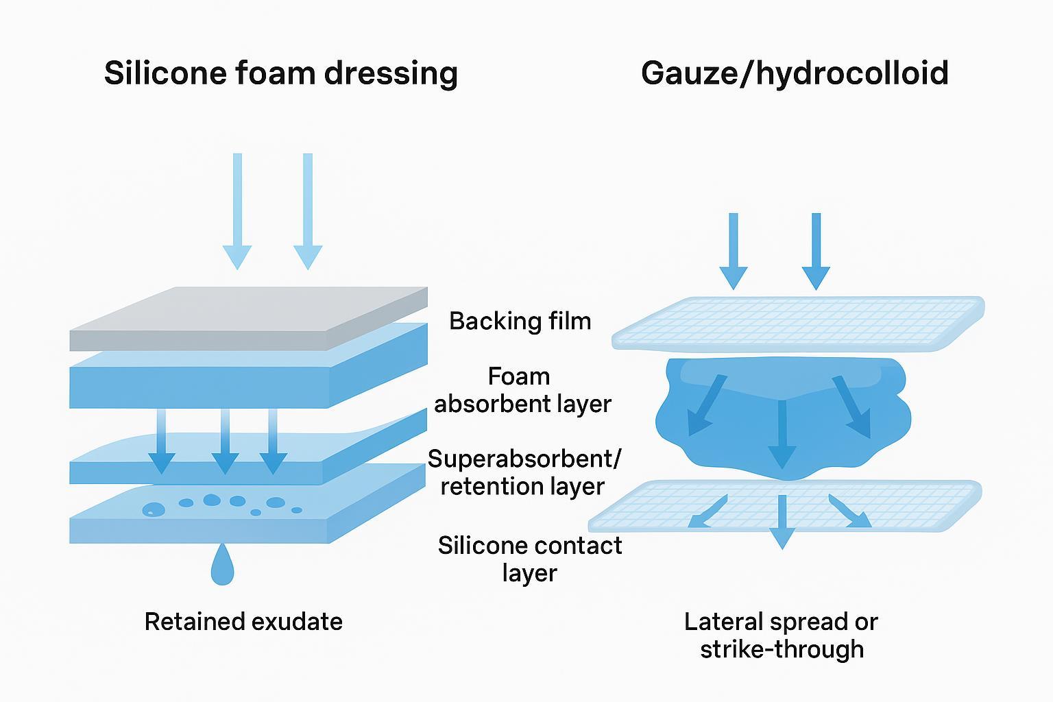 Infographic diagram showing vertical absorption into foam layers with retained exudate and minimal lateral spread compared with gauze/hydrocolloid