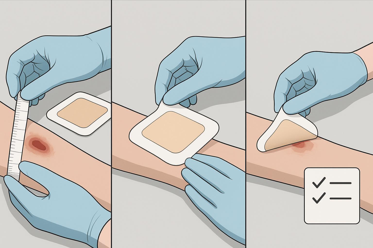 A 3-step visual workflow: skin prep and sizing, border sealing with hand heat, reassess wear time to avoid overstay