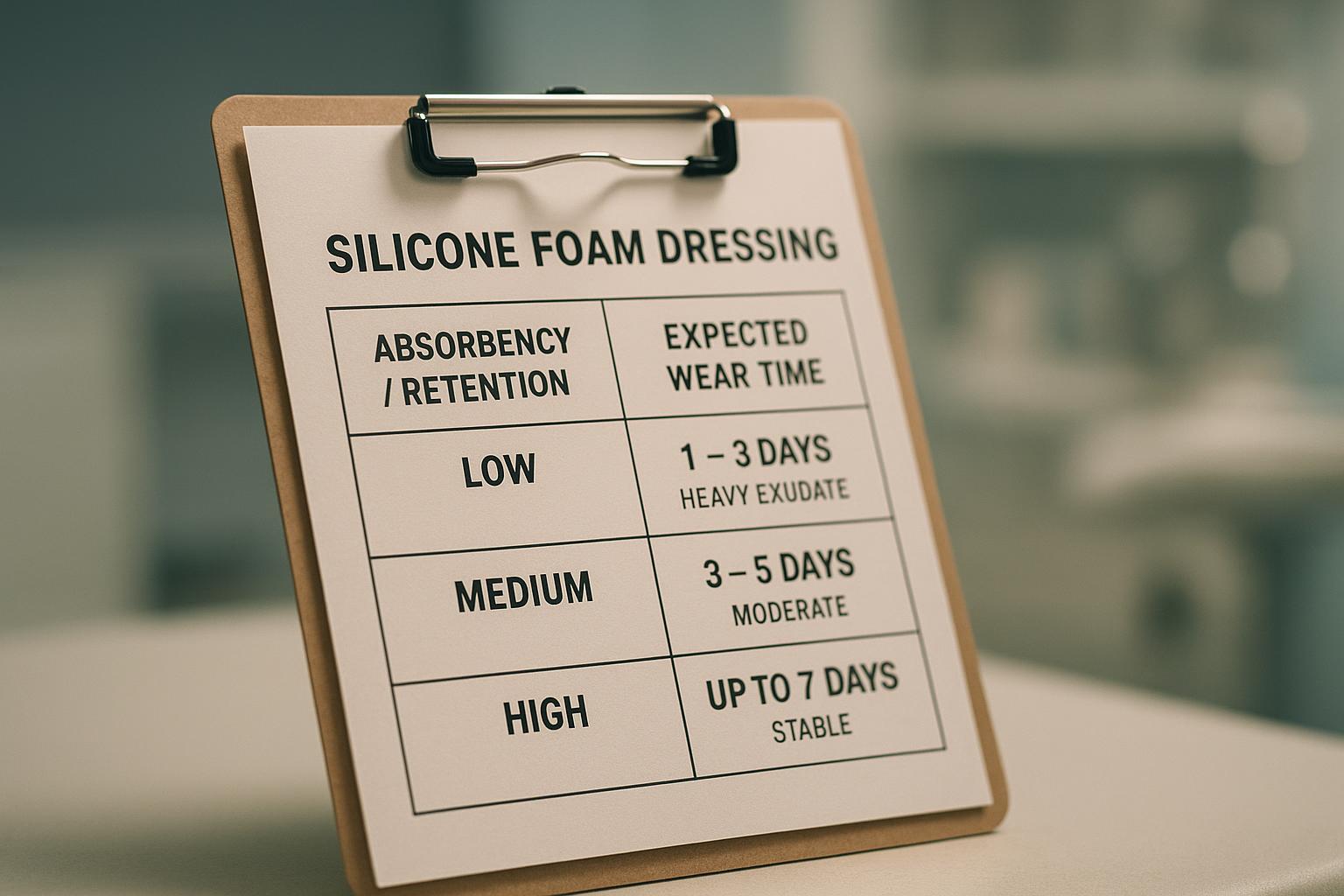 Comparison chart: absorbency/retention vs expected silicone foam dressing wear time ranges