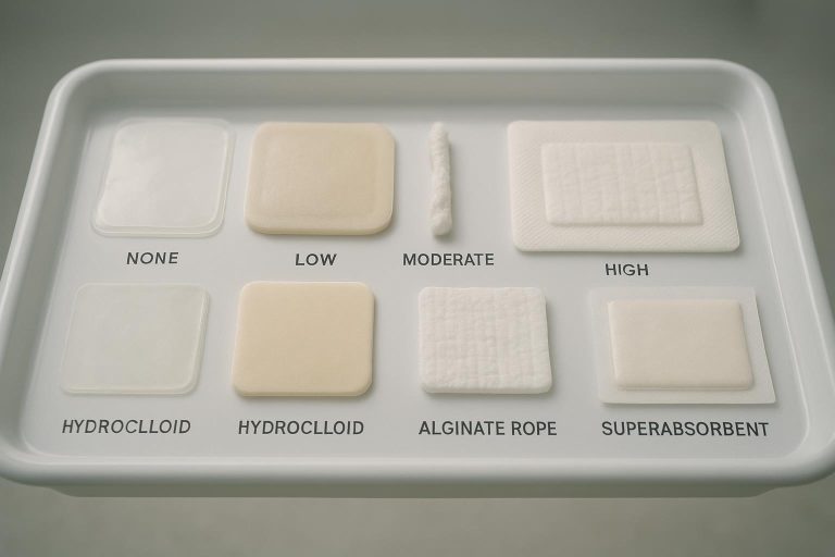 Assorted advanced wound dressings arranged by exudate level