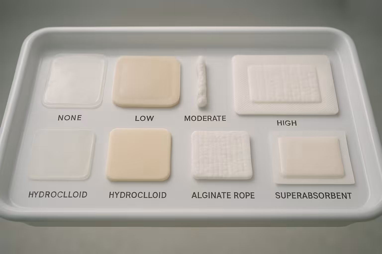 Assorted advanced wound dressings arranged by exudate level