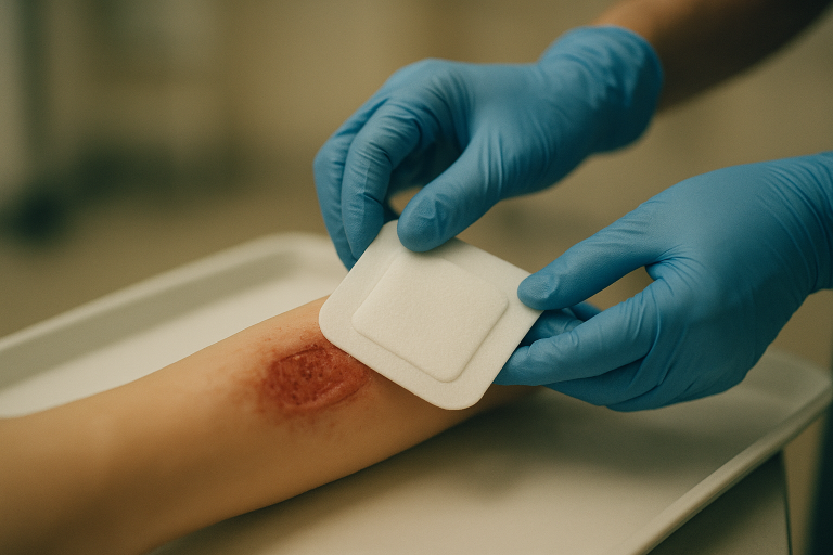Clinician applying a self-adherent soft silicone foam dressing in a clinical setting.