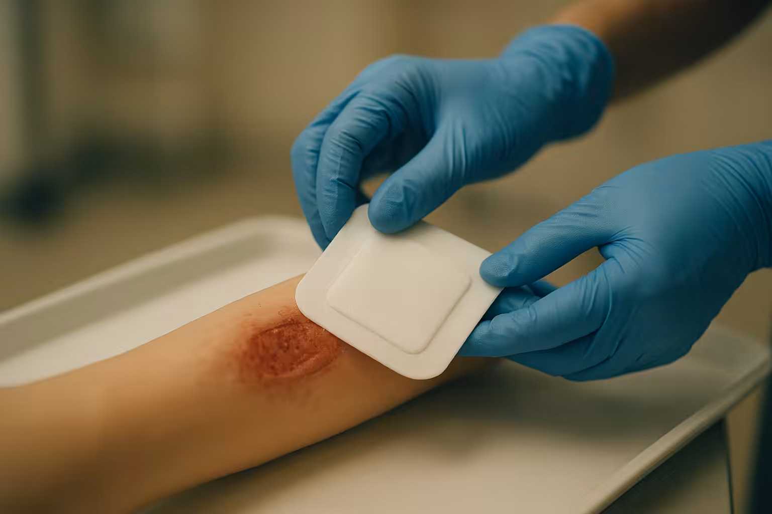 Clinician applying a self-adherent soft silicone foam dressing in a clinical setting.