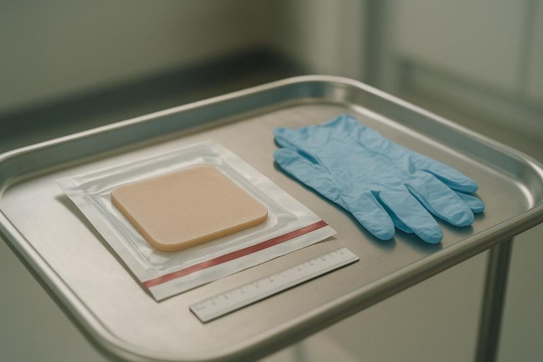 Cinematic clinical still-life of a silicone foam wound dressing in sterile packaging