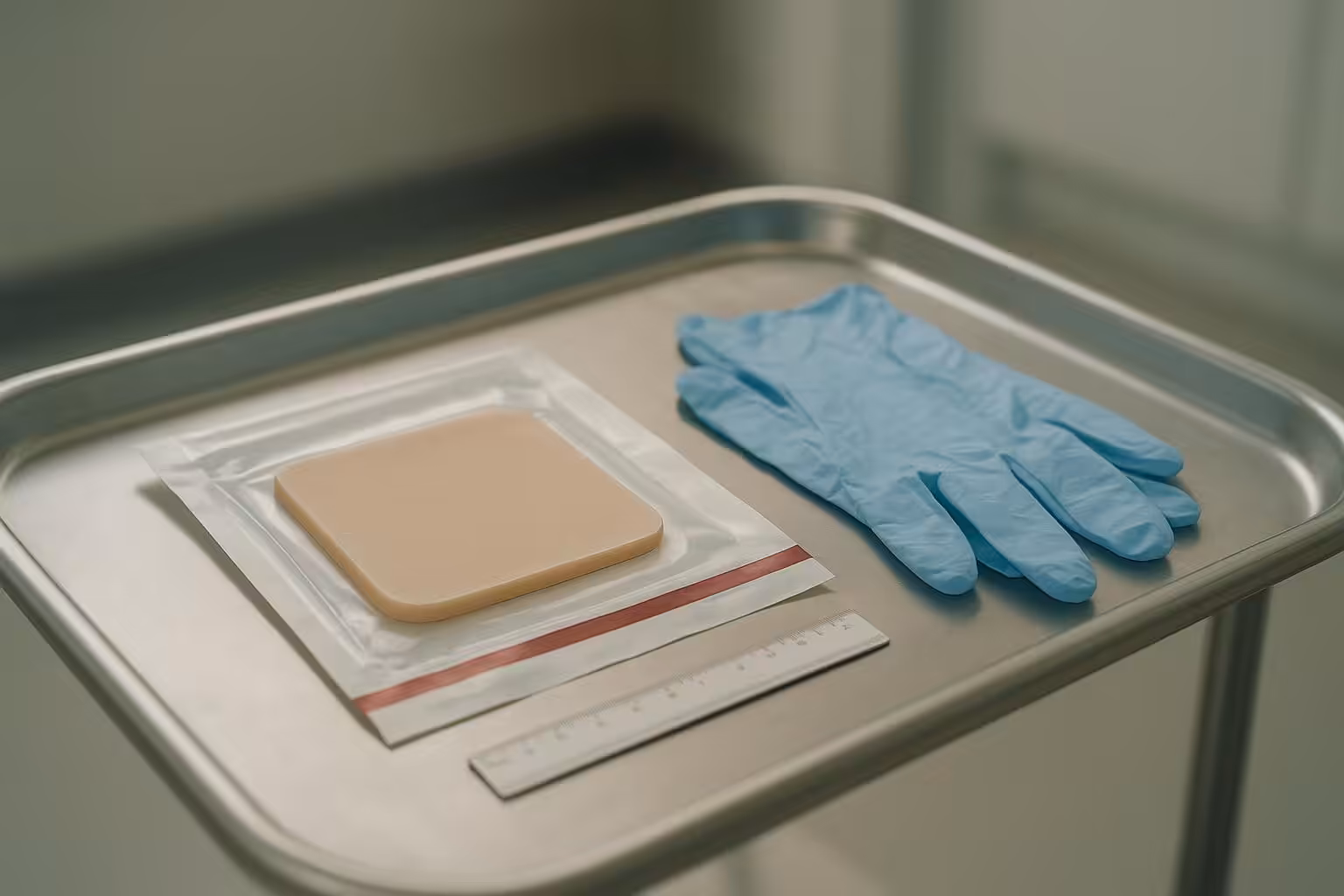 Cinematic clinical still-life of a silicone foam wound dressing in sterile packaging