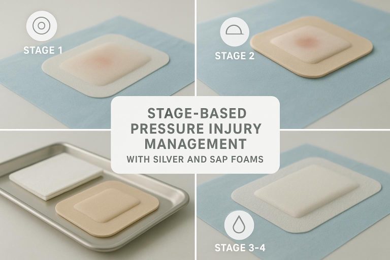 Clinical montage representing stage-based pressure injury management with foam, silver, and superabsorbent dressings