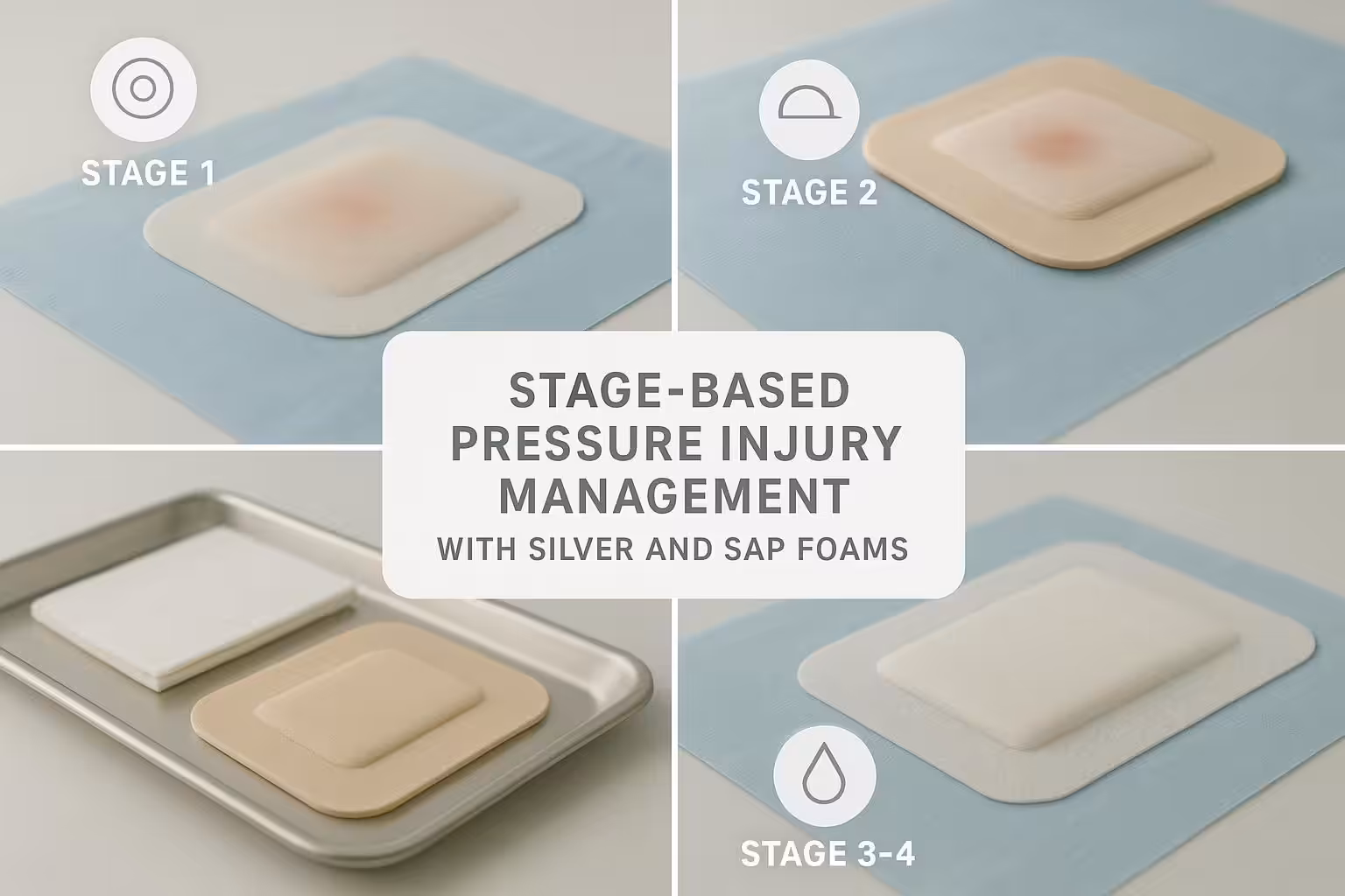 Clinical montage representing stage-based pressure injury management with foam, silver, and superabsorbent dressings