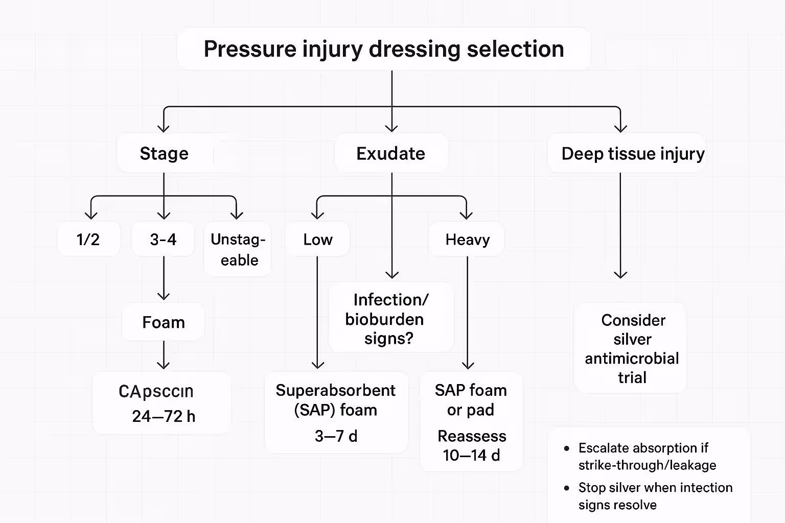 Decision tree: stage + exudate + infection to select foam vs SAP and time-limited silver with change-frequency cues