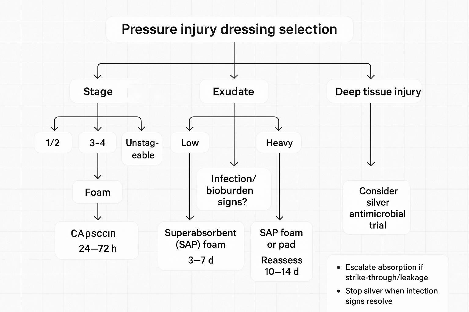 Decision tree: stage + exudate + infection to select foam vs SAP and time-limited silver with change-frequency cues