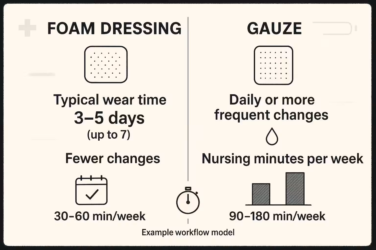Infographic comparing typical wear time and change frequency for foam vs gauze, plus example nursing minutes per week.