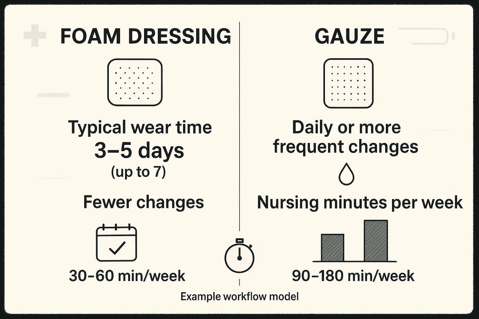 Infographic comparing typical wear time and change frequency for foam vs gauze, plus example nursing minutes per week.