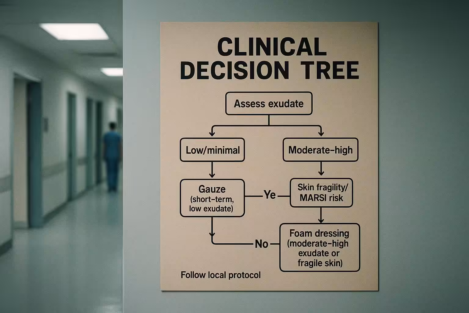 A simple decision-tree for choosing gauze vs foam based on exudate, skin fragility, and infection risk.