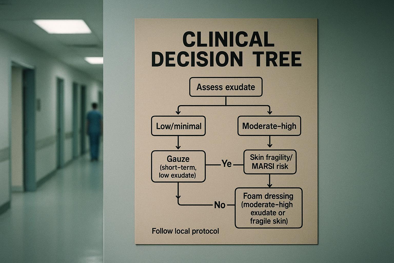 A simple decision-tree for choosing gauze vs foam based on exudate, skin fragility, and infection risk.
