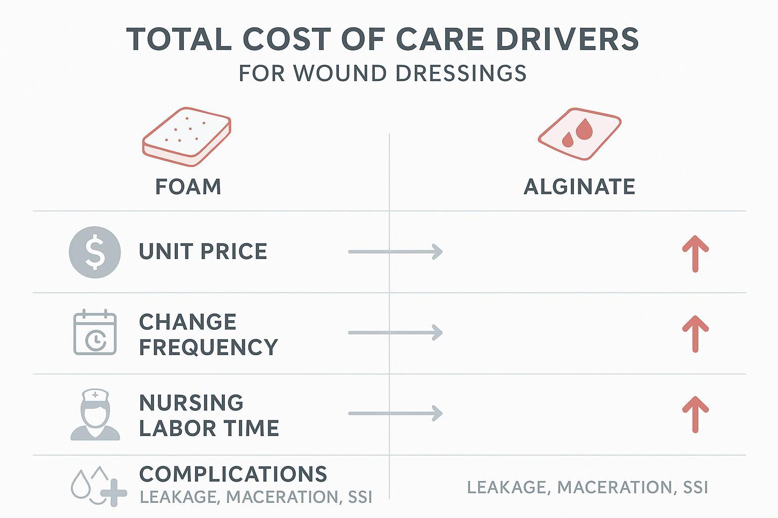 Infographic diagram comparing total cost of care drivers for foam vs alginate dressings