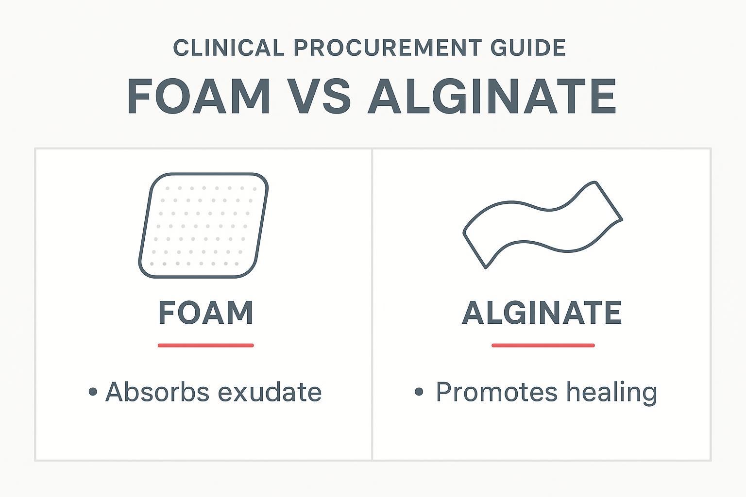 Flowchart decision tree for selecting foam vs alginate dressings based on exudate and infection risk