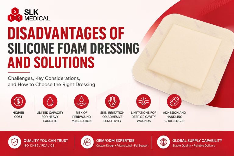 Common disadvantages of silicone foam dressings including cost, absorbency, maceration and adhesion challenges