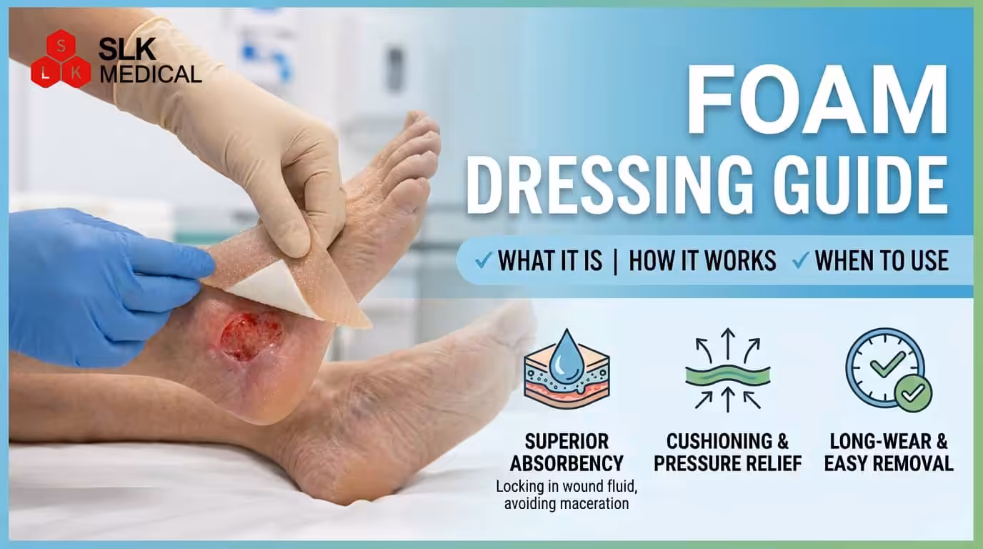 Medical professional applying Alexer silicone foam dressing on a heel pressure ulcer wound care guide
