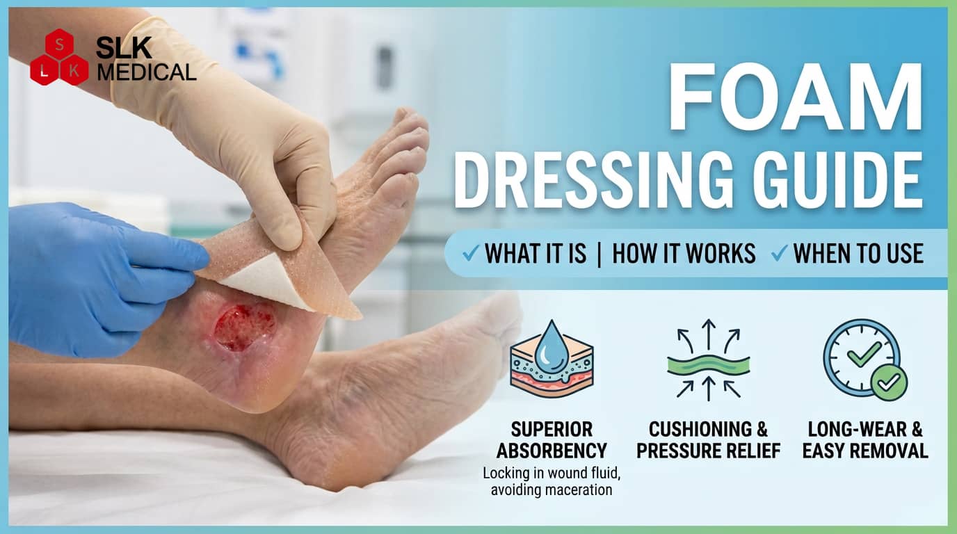 Medical professional applying Alexer silicone foam dressing on a heel pressure ulcer wound care guide